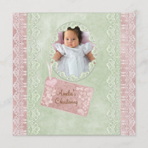 Vintage Lace Pink Green Girl Photo Christening Invitation