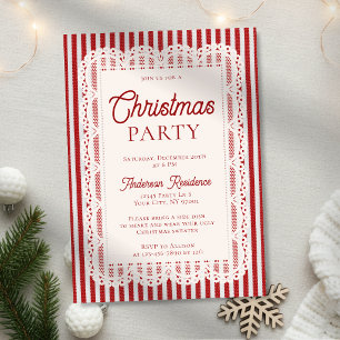 Vintage Lace Retro Red Stripes Christmas Party Invitation