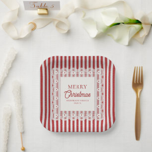 Vintage Lace Retro Red Stripes Christmas Party Paper Plate