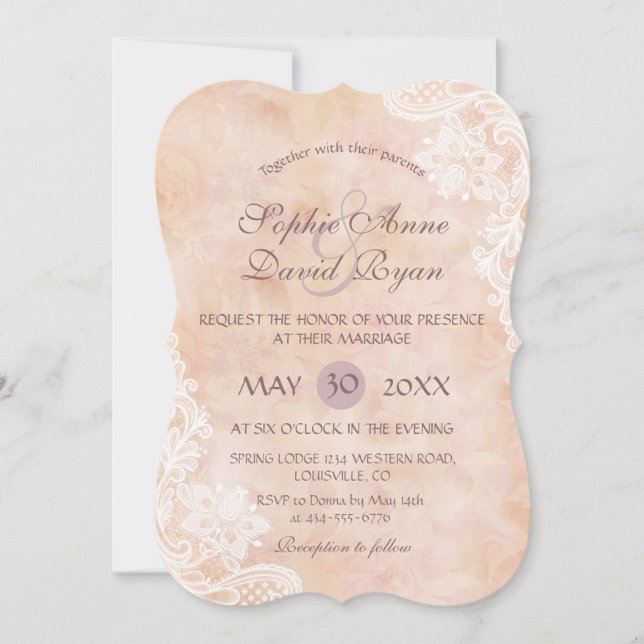 Vintage Lace Roses Old Paper Wedding Invite (Front)