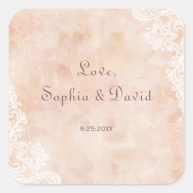 Vintage Lace Roses Old Paper Wedding Square Sticker (Front)