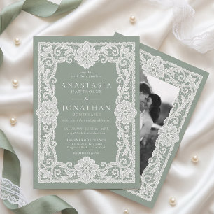 Vintage Lace Sage Green Photo Wedding Invitation