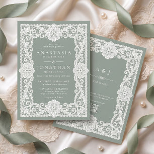 Vintage Lace Sage Green QR Code Wedding Invitation