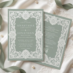 Vintage Lace Sage Green Wedding Invitation