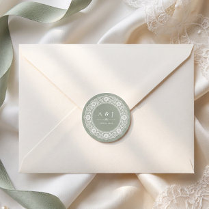 Vintage Lace Sage Green Wedding Monogram Classic Round Sticker