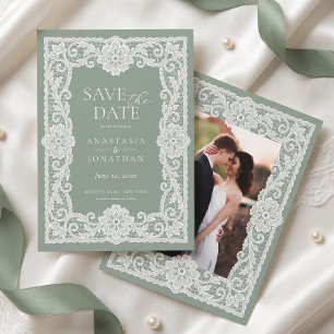 Vintage Lace Sage Green Wedding Photo Save The Date