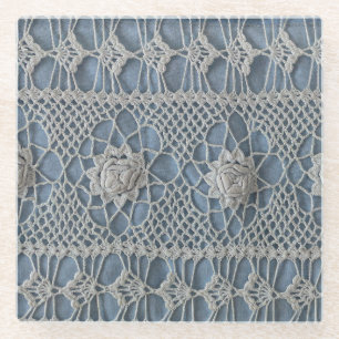 Vintage lace: small white roses. glass coaster