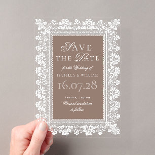 Vintage Lace Taupe Old Money Save the Date Acrylic Invitations