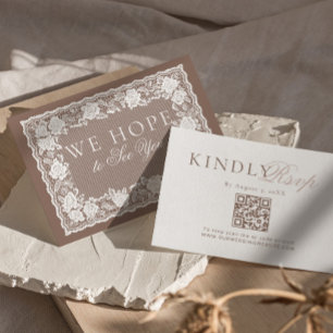 Vintage Lace Taupe Old Money Wedding QR Code RSVP Card