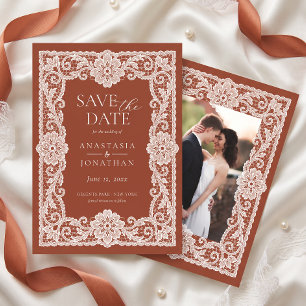 Vintage Lace Terracotta Wedding Photo Save The Date