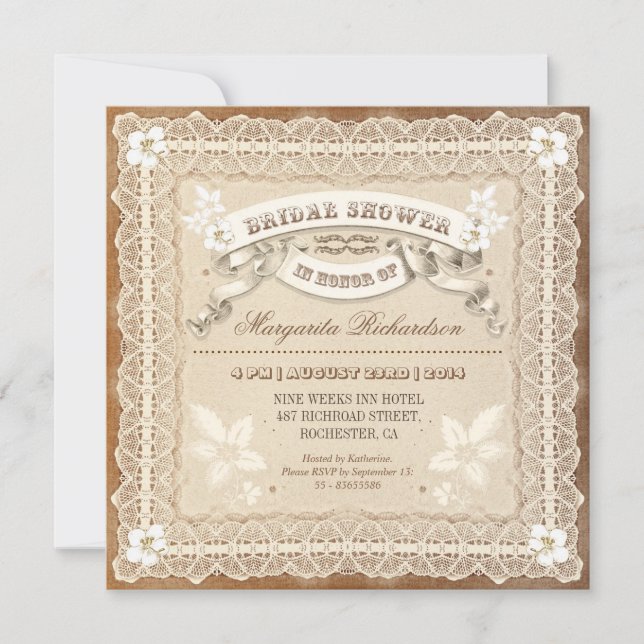 vintage lace typographic bridal shower invitations (Front)