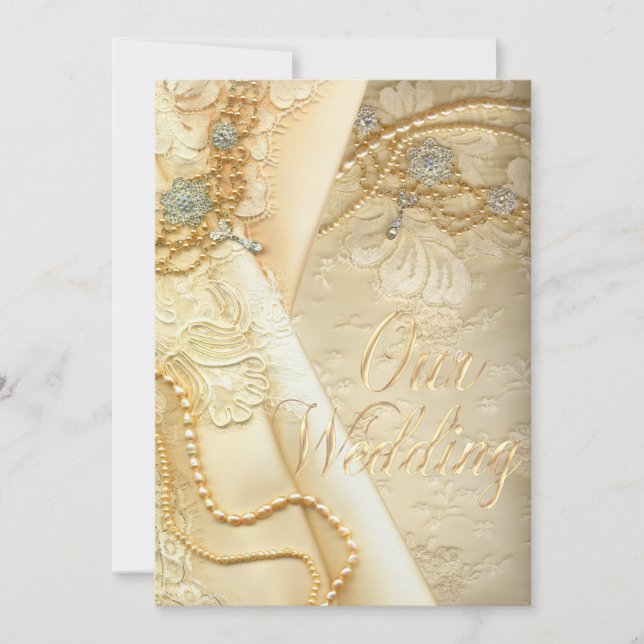 Vintage Lace Wedding Dress and Pearls Wedding Invitation (Front)
