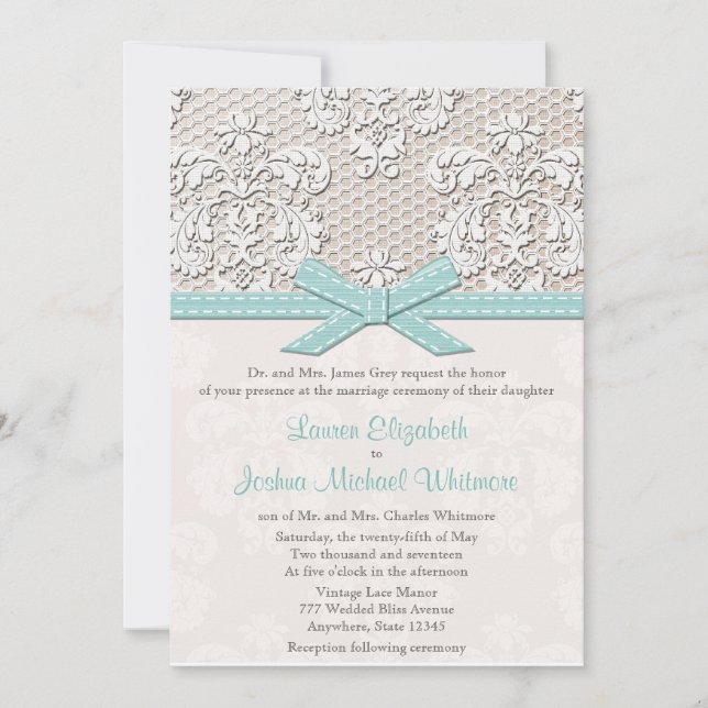 Vintage Lace Wedding Invitations Blue (Front)