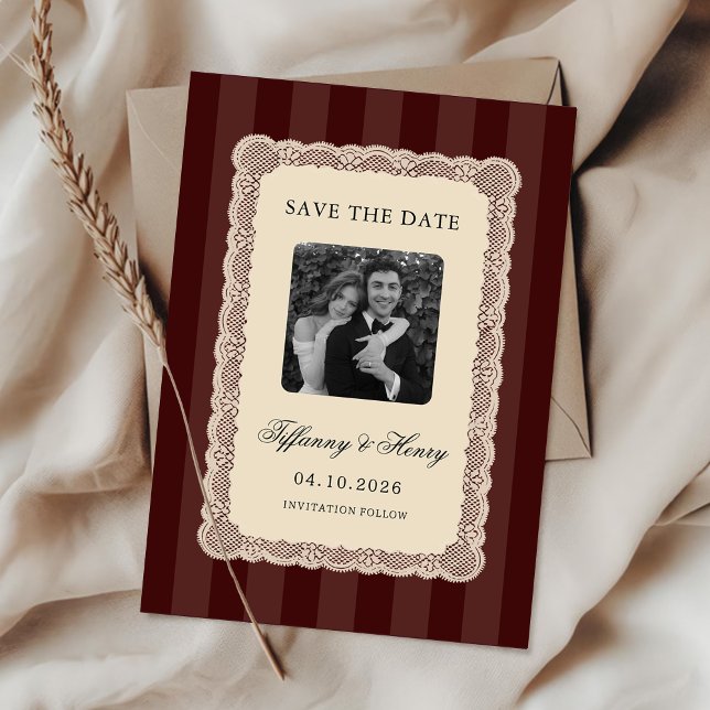 Vintage Lace Wine Red Burgundy Save the Date (Creator Uploaded)