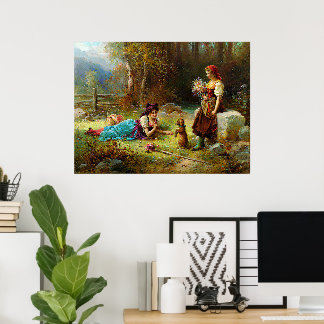 Vintage Ladies And A Brown Dog At the Forest Poster