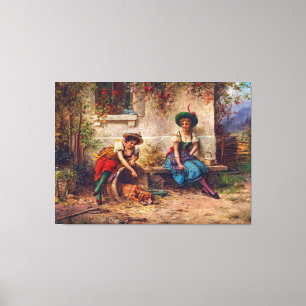 Vintage Ladies In Red Blue And Brown Dog Canvas Print