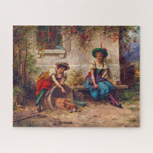 Vintage Ladies In Red Blue And Brown Dog Jigsaw Puzzle