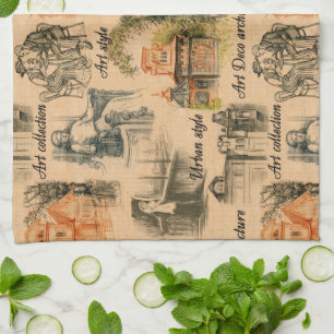 Vintage Ladies in the City Pencil Drawing Tea Towel