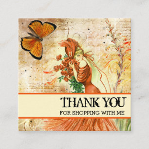 Vintage Lady and Butterfly Floral Thank You Logo Square Business Card
