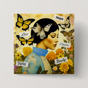 Vintage Lady, Butterflies, Flowers and Inspiring 15 Cm Square Badge