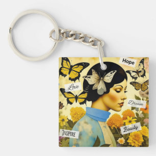 Vintage Lady, Butterflies, Flowers and Inspiring Key Ring