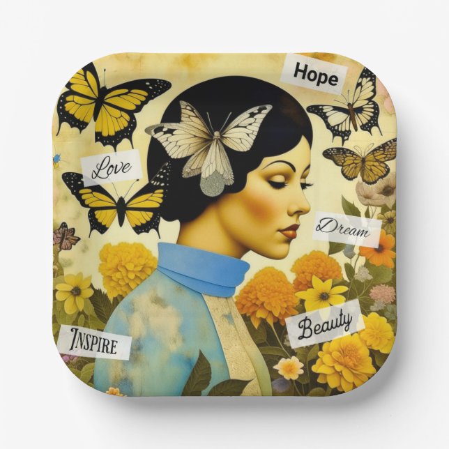 Vintage Lady, Butterflies, Flowers and Inspiring Paper Plate (Front)