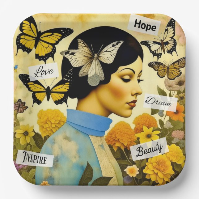 Vintage Lady, Butterflies, Flowers and Inspiring Paper Plate (Front)