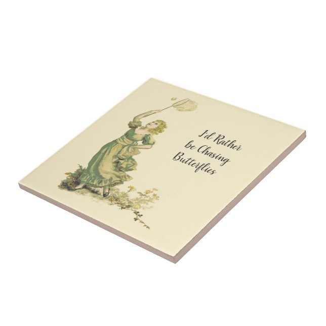 Vintage Lady Chasing Butterflies  Tile (Side)
