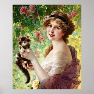 Vintage Lady Cute Kitten & Rose Flower Poster