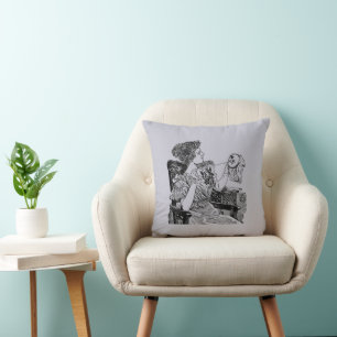 Vintage Lady Embroidery Lavender Grey Throw Pillow