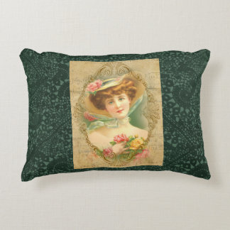 Vintage Lady Floral Hat Green Faux Crochet Decorative Cushion