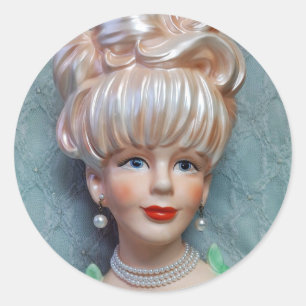Vintage Lady Head Vase Big Bouffant Hair Pearls Classic Round Sticker
