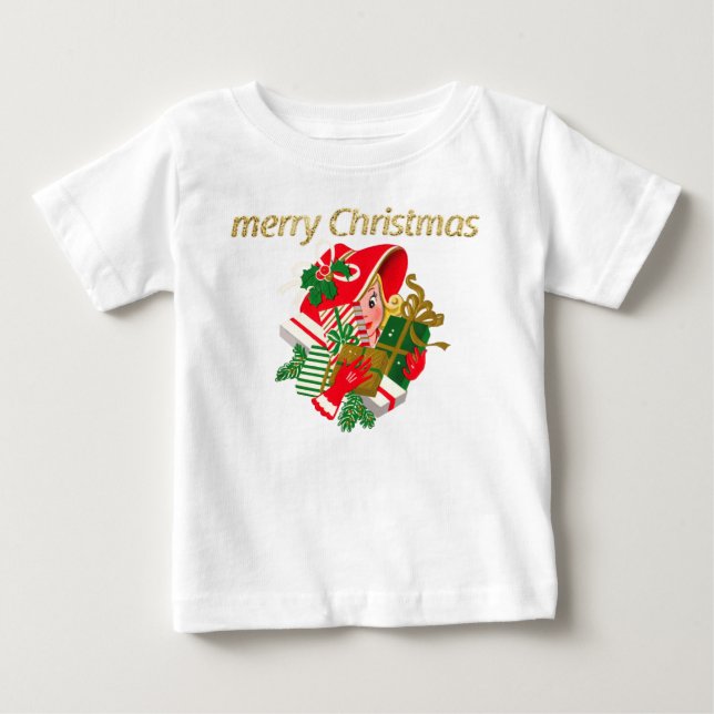 Vintage Lady Holding Christmas Presents Baby T-Shirt (Front)