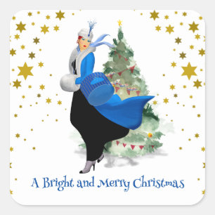 Vintage Lady in Blue Christmas Greeting Square Sticker