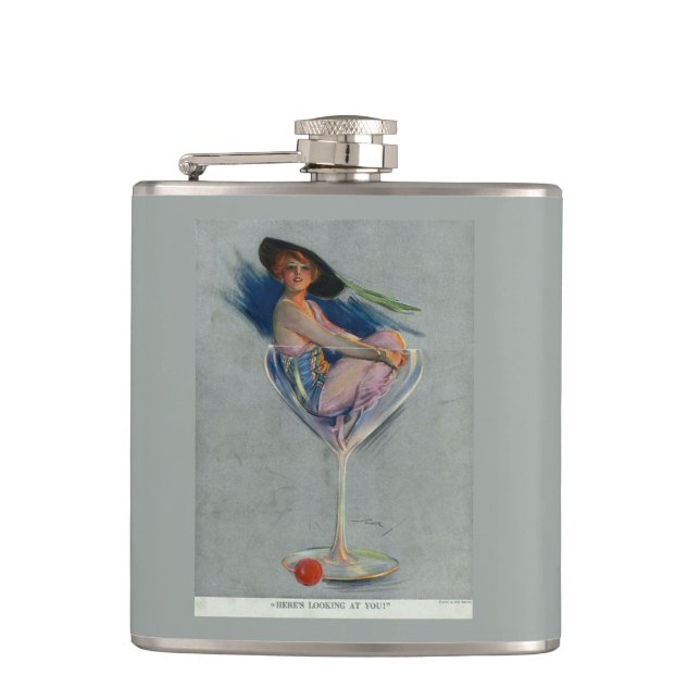 Vintage Lady in Champagne Glass Hip Flask (Front)