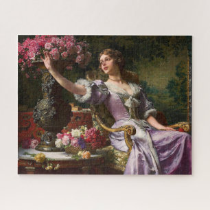 Vintage Lady In Pink Lilac Dress & Red Rose Jigsaw Puzzle