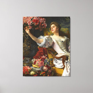 Vintage Lady In Pink Orange Dress & Pink Rose Canvas Print