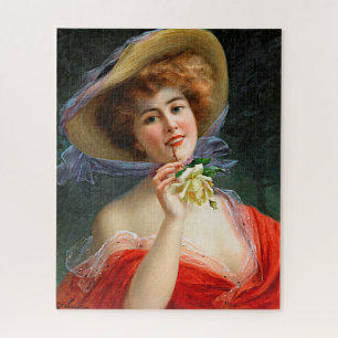 Vintage Lady In Red Hat And Yellow Rose Jigsaw Puzzle