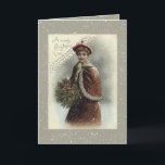 Vintage Lady in Snow with Christmas Greeting Holiday Card<br><div class="desc">Lovely Victorian lady dressed for winter in red cape holding a bouquet of holly in snow with Christmas greeting.</div>