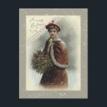 Vintage Lady in Snow with Christmas Greeting Holiday Postcard<br><div class="desc">Lovely Victorian lady dressed for winter in red cape holding a bouquet of holly in snow with Christmas greeting.</div>