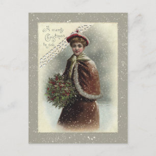 Vintage Lady in Snow with Christmas Greeting Holiday Postcard
