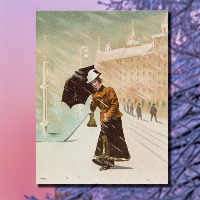 Vintage lady in the snow storm postcard (Creator Uploaded)