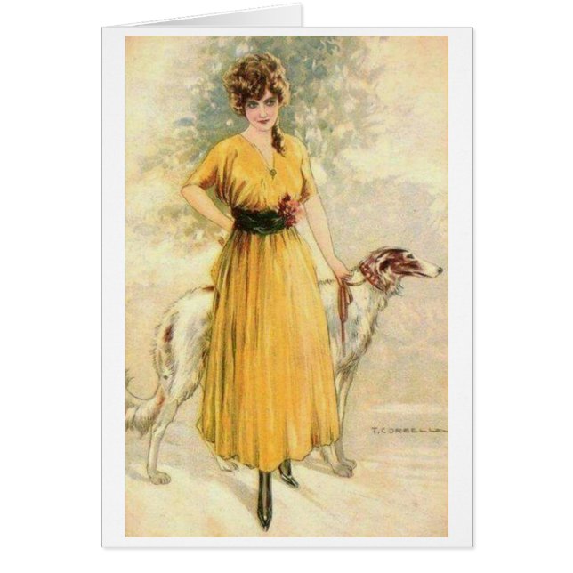 Vintage - Lady in Yellow with Borzoi, (Front)