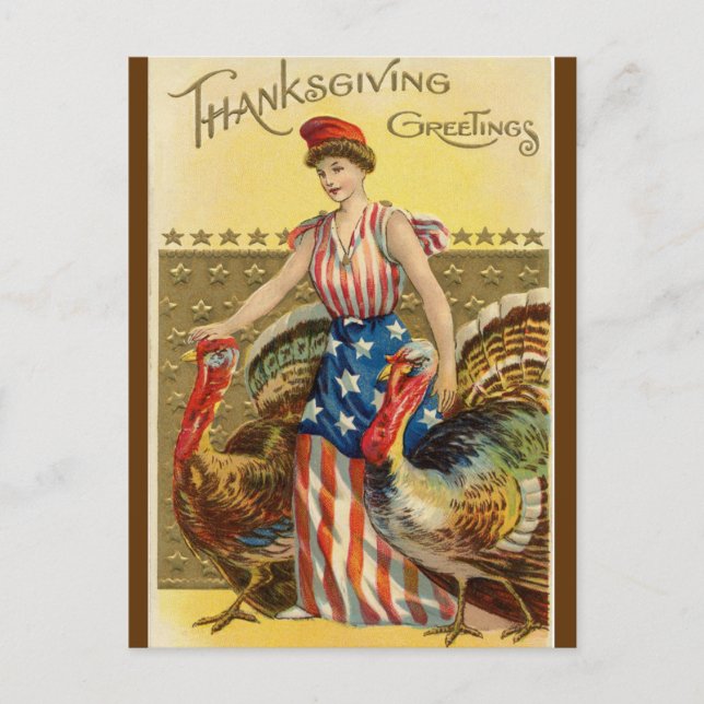Vintage Lady Liberty and Two Large Turkeys Postcard (Front)