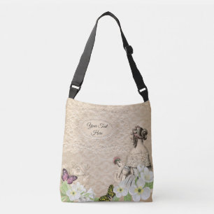 Vintage Lady Magnolias and Butterflies Crossbody Bag