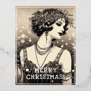 Vintage Lady Merry Christmas Greetings Retro Pic Foil Holiday Postcard
