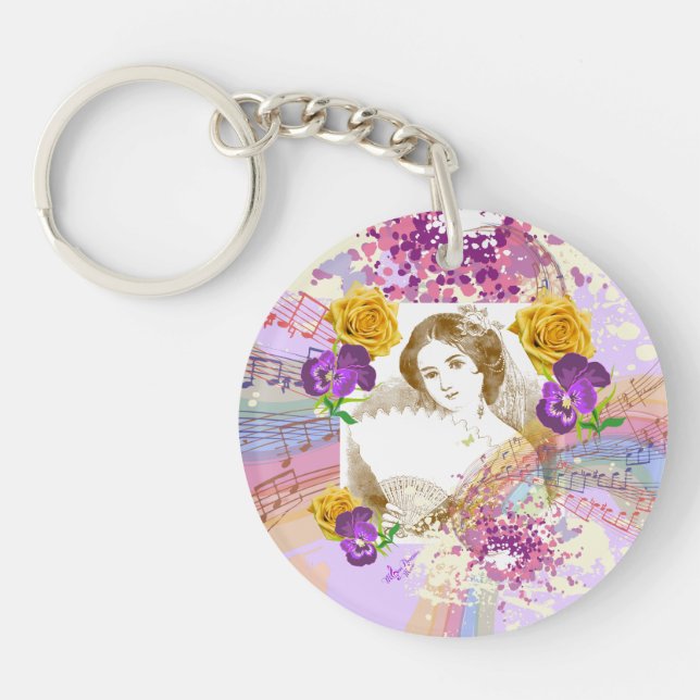 Vintage Lady Music&Flowers Round Acrylic Keychain (Front)
