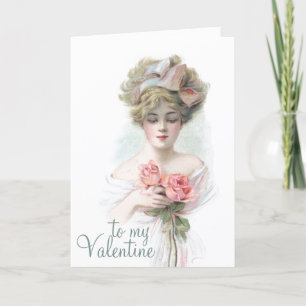 Vintage Lady Pink Rose Valentine Poem  Holiday Car Card