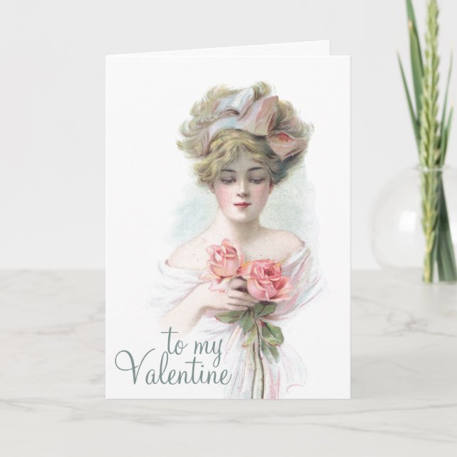 Vintage Lady Pink Rose Valentine Poem Holiday Card (Front)