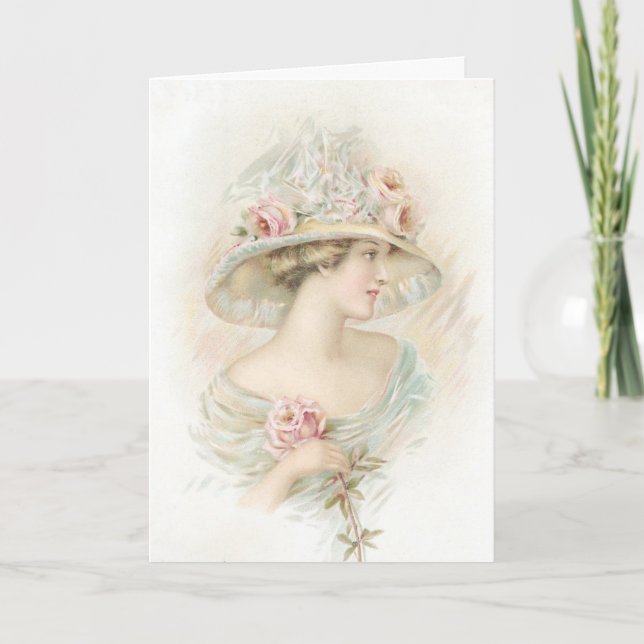 Vintage Lady Pink Rose Valentine Poem Holiday Card (Front)